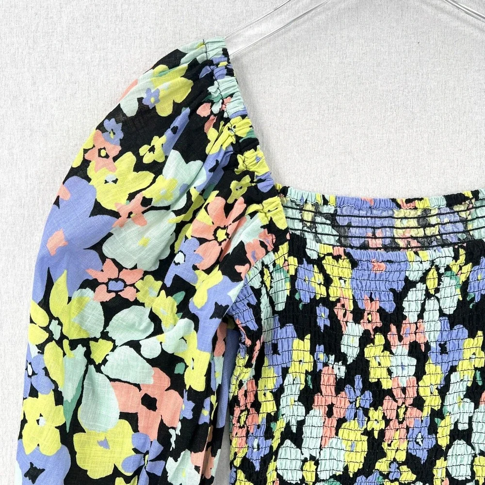 Free People Top Women Extra Small Black Floral Smocked Puff Sleeve Square Neck